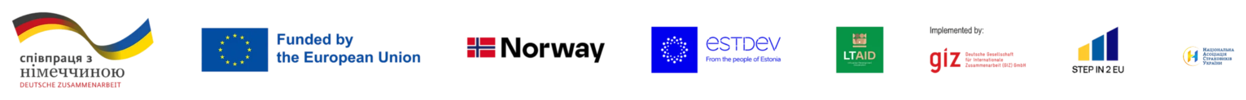 Логотипи донорів: Deutsche Zusammenarbeit, Funded by the European Union, Norway, ESTDEV, LTAID, GIZ, STEP IN 2 EU, НАСУ